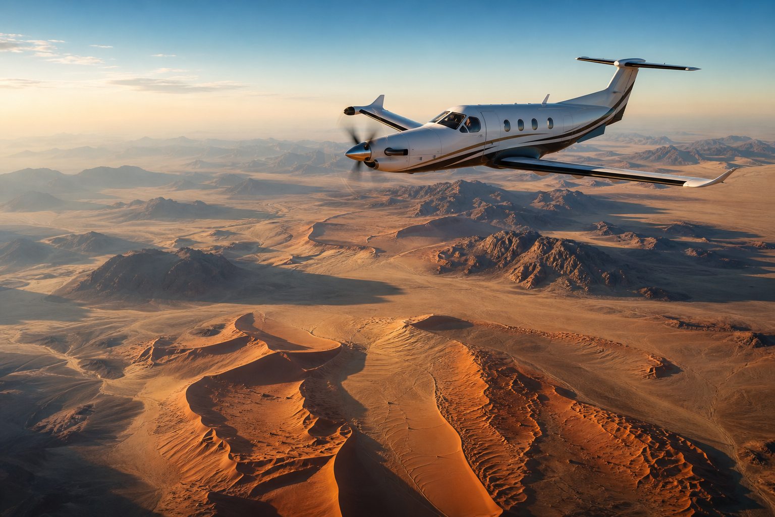 Private charter plane above Namibian desert landscapes
