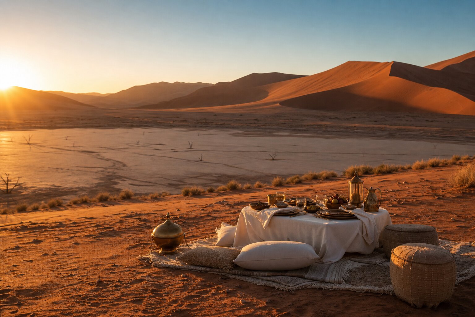 Editorial concept of a private dinner in the Namib Desert