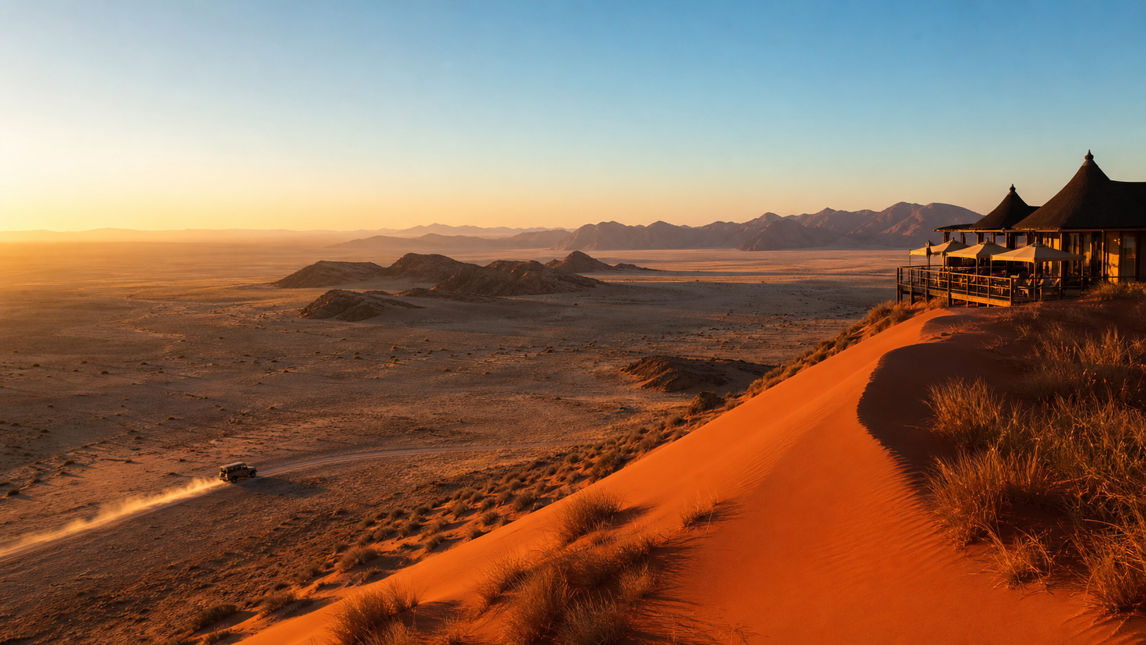 Private Namibia stay above dunes at golden hour
