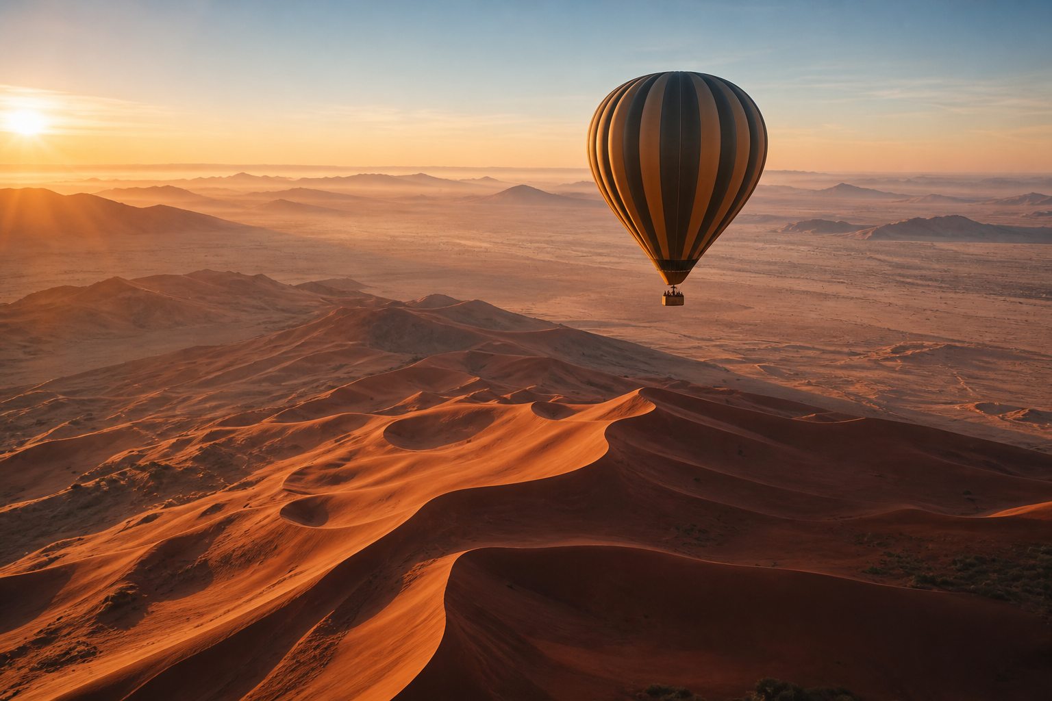Hot air balloon above the Namib Desert dunes