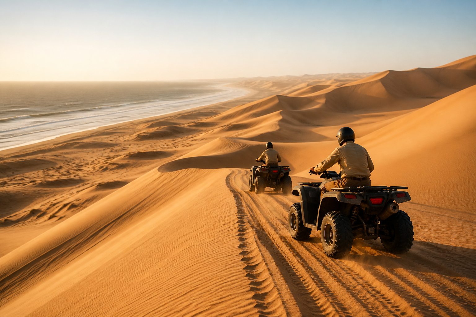 Quad biking on Namibian dunes near the coast