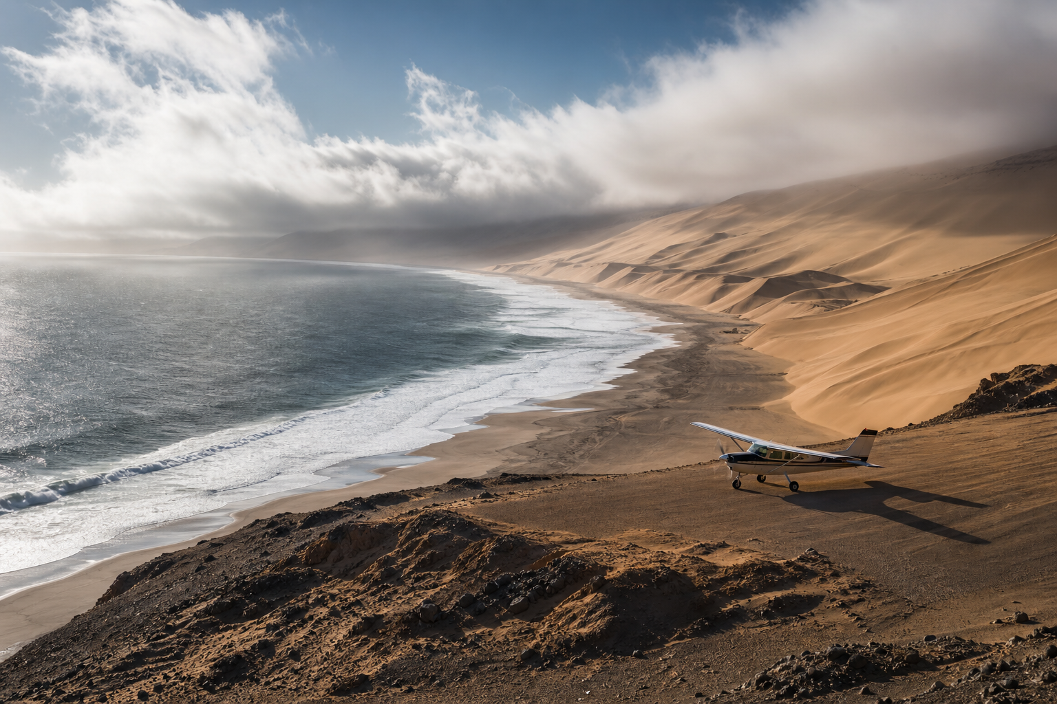 Remote Namibia coastline and aircraft